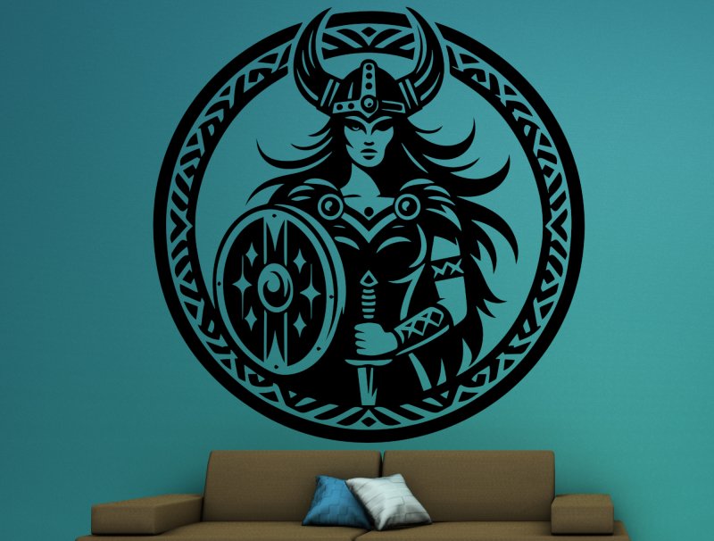 46382 Wikinger-Frau 3 Wandtattoo blaue Wand-braunes Sofa Mein-Motiv-de